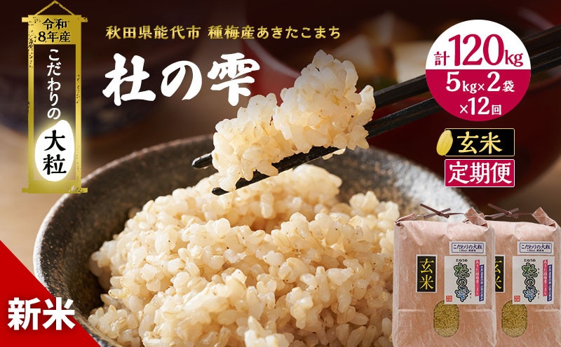 
                  新米 先行予約 令和8年産[玄米]【定期便12ヶ月】秋田県産 あきたこまち 10kg(5kg×2)×12回 計120kg「杜の雫」こだわりの大粒 種梅産【 お米 おこめ たねうめ 精米 ご飯 ごはん ブランド米 大粒 おにぎり 産地直送 能代 】
                