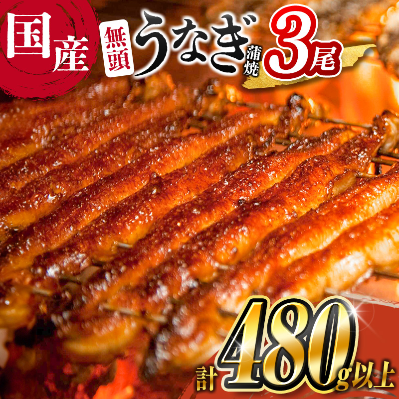 ［2025年11月お届け］うなぎ 鰻楽 国産 蒲焼 3尾 無頭 計480g以上 宮崎県産 【C444-2511】
