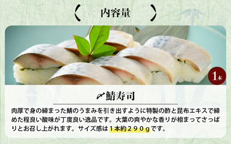 肉厚鯖がたまらない！ 「〆鯖寿司」1本 約290g ～家族が喜ぶ手土産～【名物 ジューシー サバ しめ鯖 押し寿司 バッテラ すし こしひかり 贈答 ギフト お土産 大人気】  [A-0531]