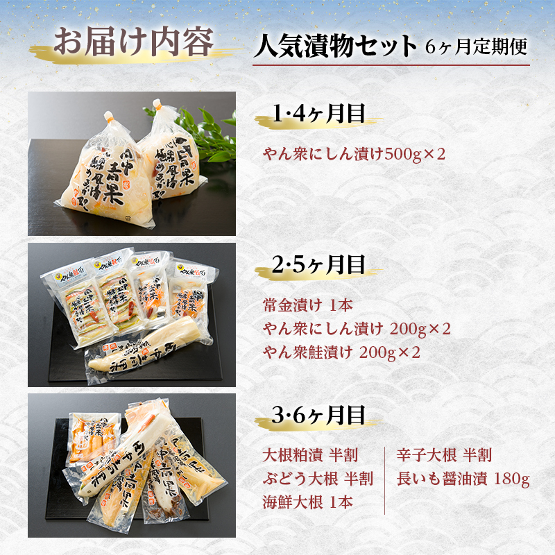 漬け物 定期便 6ヶ月田中青果 漬物 セット 詰め合わせ にしん漬け 常金漬け 大根粕漬 長いも醤油漬 大根 長いも 粕漬け 醤油漬け 野菜 にしん 大根の漬け物 ごはんのお供 おつまみ つまみ 惣菜