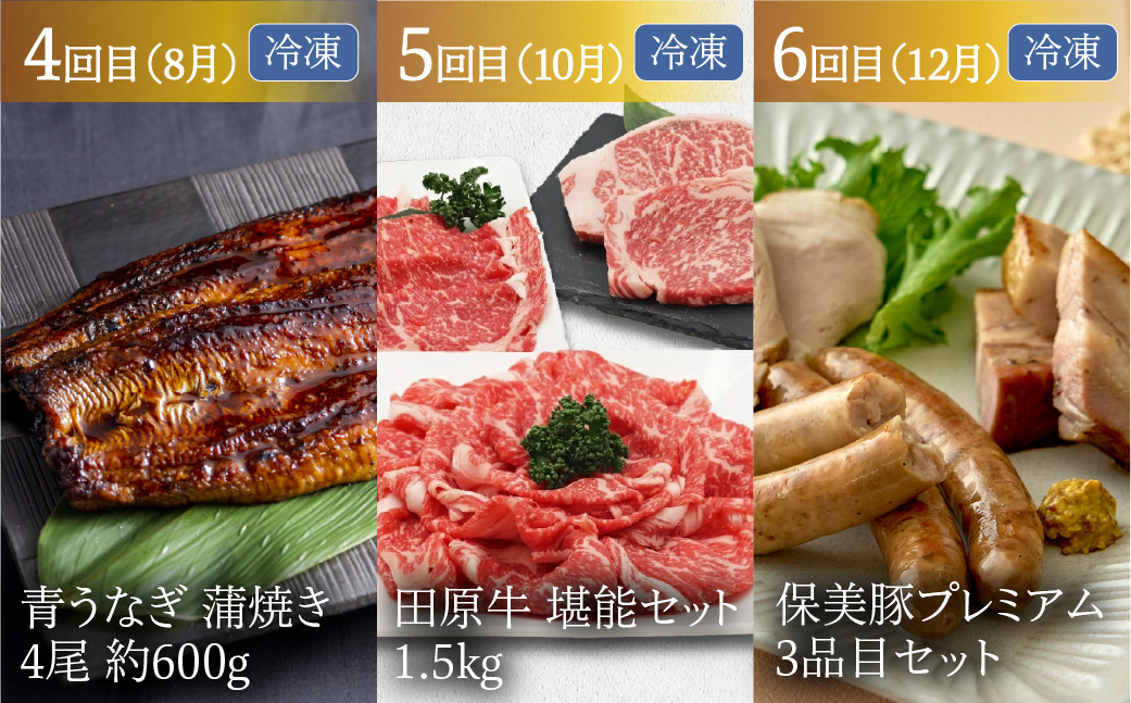 渥美半島の恵み どうまい 定期便 プレミアム 全6回 ( いちご、鶏肉、古田メロン、青うなぎ、ハムソーセージセット、田原牛 ) ご当地 人気 頒布会