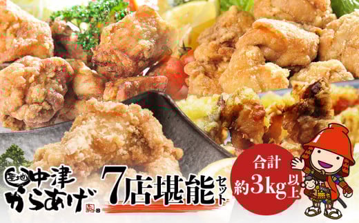 中津からあげ7店堪能セット 大容量 約3㎏以上 冷凍 味付け 食べ比べ | 家庭調理 味付生肉 中津からあげ 唐揚げ からあげ から揚げ レンジ 冷凍 冷凍食品 もり山 スーパー細川 くうとん ぶんごや げんきや からいち とよからあげ 大分県 中津市