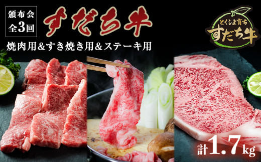 
頒布会 3回お届け すだち牛 焼肉用600g & すき焼き用600g & ステーキ用500g 合計1.7kg
