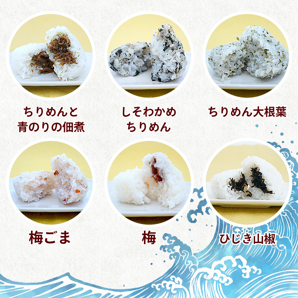＜【6回定期便】漁師の朝めし 9種おむすびセット 合計18個（各2個）＞ 定期便 詰合せ おにぎり お米 こめ ちりめん 山椒 生姜 青のり つくだ煮 しそわかめ 大根葉 梅ごま ひじき 網元・祇園丸