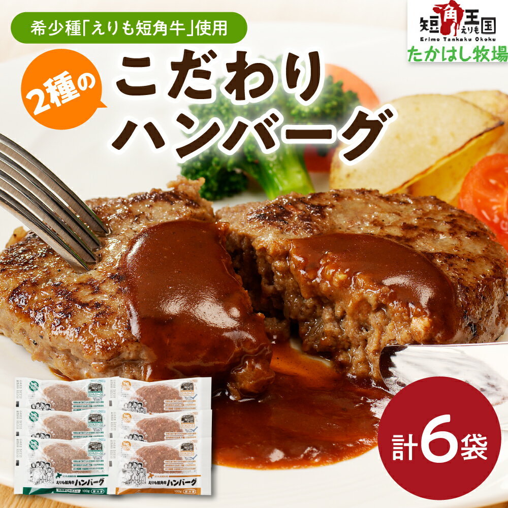 【ふるさと納税】えりも 短角牛 牛100％ 2種の こだわり ハンバーグ / 600g セット こだわり 肉 プレーン 100g × 3袋 ハンバーグ 昆布入り 100g × 3袋 赤身肉 ヘルシー 放牧 自家産牧草 スローフード 味の箱舟 希少 国産 北海道産 人気 送料無料 北海道 えりも町