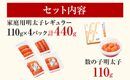 ふくや 家庭用明太子プラスセット 明太子 レギュラー 110g×4パック 数の子明太子 110g 辛子明太子 切れ子 切子 福岡 魚卵 魚介 食べ比べ 数の子 ご飯 パスタ お酒の肴 グルメ 博多 お