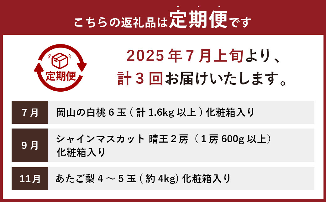 【3回定期便】岡山県産 フルーツ定期便コース（白桃・ シャインマスカット晴王・あたご梨）