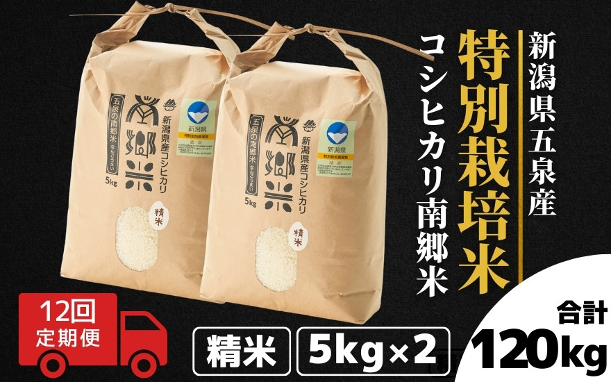 
            令和7年産 新米 【 定期便 12ヶ月 】 米 10kg ( 5kg × 2袋 ) × 12回 五泉産 コシヒカリ 100％ 南郷米 特別栽培米 | 白米 精米 こしひかり お米 新潟県 五泉市 ファームみなみの郷
          