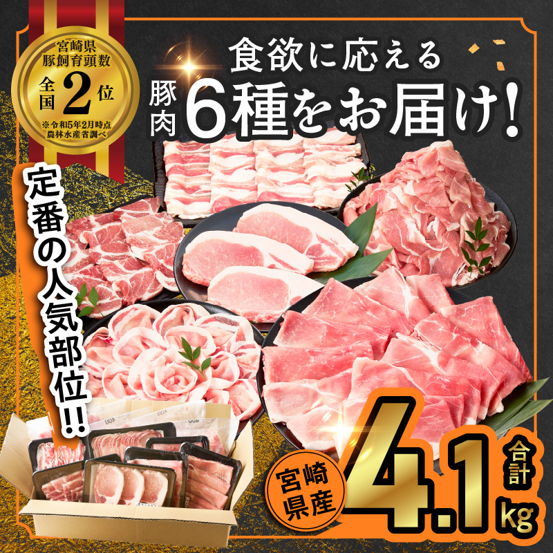 宮崎県産豚肉6種盛り合わせセット(合計4.1kg)_T030-2045【肉 豚 豚肉 おかず 国産 人気 ギフト 食品 お肉 焼き肉 BBQ お土産 贈り物 送料無料 プレゼント】