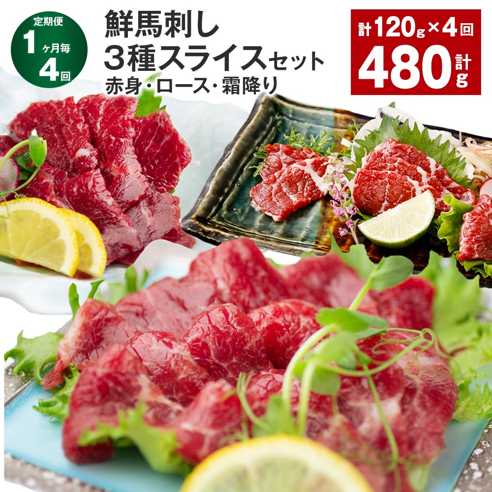 【ふるさと納税】【定期便】【1ヶ月毎4回】鮮馬刺し 3種スライスセット（赤身・ロース・霜降り） 合計約480g （約120g×4回） 馬刺し 馬刺 馬肉 各約40g スライス パック 真空パック 冷凍 たれ付き 付属 タレ 熊本県 高森町 送料無料