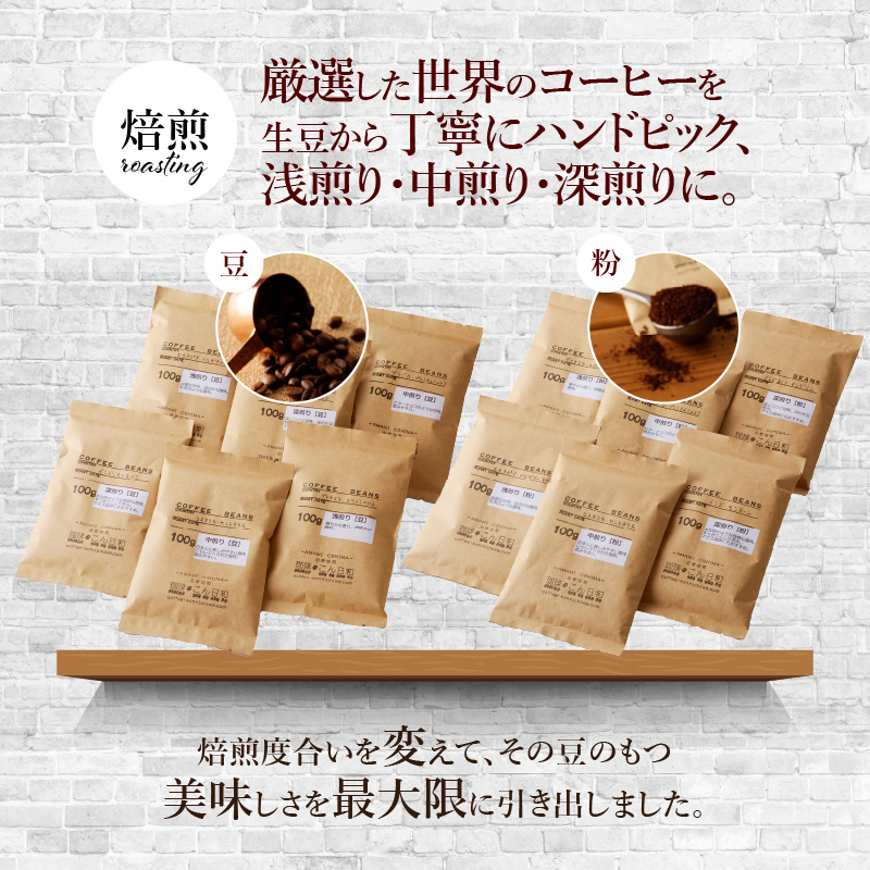 世界の自家焙煎珈琲豆テイスティングセット　１００g×６種類【粉・中挽き】 - コーヒー 自家焙煎 粉 100g 6種類 テイスティングセット 浅煎り 中煎り 深煎り 海外産豆 エチオピア グァテマラ 