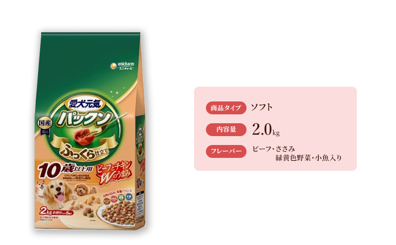 
愛犬元気パックン 10歳以上用 ビーフ・ささみ・緑黄色野菜・小魚入り 2.0kg×4袋 [№5275-0488]
