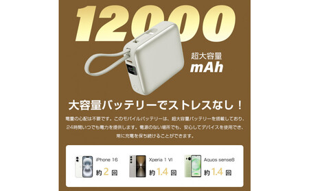 【2025年モデル】モバイルバッテリー 12000mAh 46.2Wh ＜グレー＞大容量 3台同時充電 ２本ケーブル内蔵 PD22.5W 急速充電 QC3.0 携帯充電器 防災電源 iPhone16充