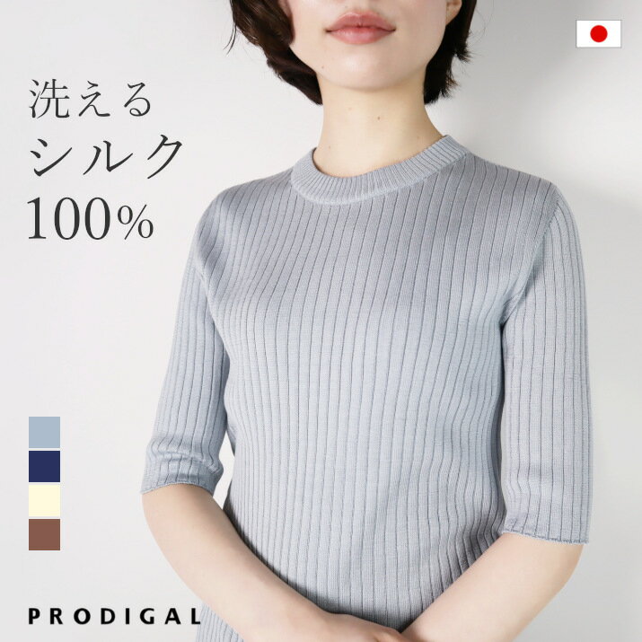 【ふるさと納税】洗える シルク100％ リブニット 半袖 プルオーバー 日本製 レディース M L サマーニット 春 夏 クルーネック シンプル 五泉ニット ウォッシャブルシルク100％リブプルオーバー 新潟県 五泉市 高橋ニット株式会社