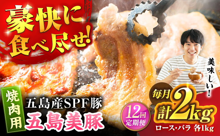 【12回定期便】五島美豚 焼肉2kg (ロース1kg/バラ1kg) 五島市/ごとう農業協同組合 [PAF056]