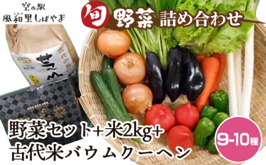 野菜セット（9～10種）＋米2kg＋古代米バウムクーヘン ／ 野菜 米 季節の野菜 旬 新鮮 コシヒカリ 精米 白米 スイーツ 洋菓子 バームクーヘン 自慢の逸品 千葉県 No.073