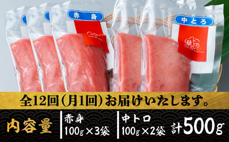 【全12回定期便】対馬産 本マグロ 500g（赤身300g、中トロ200g） ≪対馬市≫【桐谷商店】 トロの華 対馬 新鮮 マグロ トロ 鮪 刺身 鮮度抜群[WAQ046]
