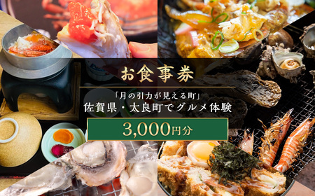 【お食事券】 「月の引力が見える町」 佐賀県・太良町でグルメ体験 3,000円分 （1,000円券 × 3枚） 【7営業日以内発送】 食事券 お食事券 グルメ体験 券 チケット 体験チケット 佐賀県 太良町 NA16
