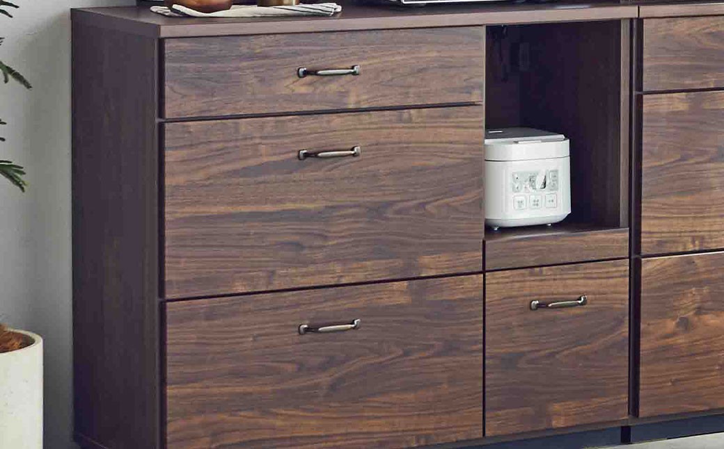 
            レトロ105 カウンター 引出し収納 スライド棚 強化紙 フルスライドレール スチール製取手 木目 家電置場 キッチン リビング 日本製 家具 インテリア 福岡県 柳川市 送料無料
          