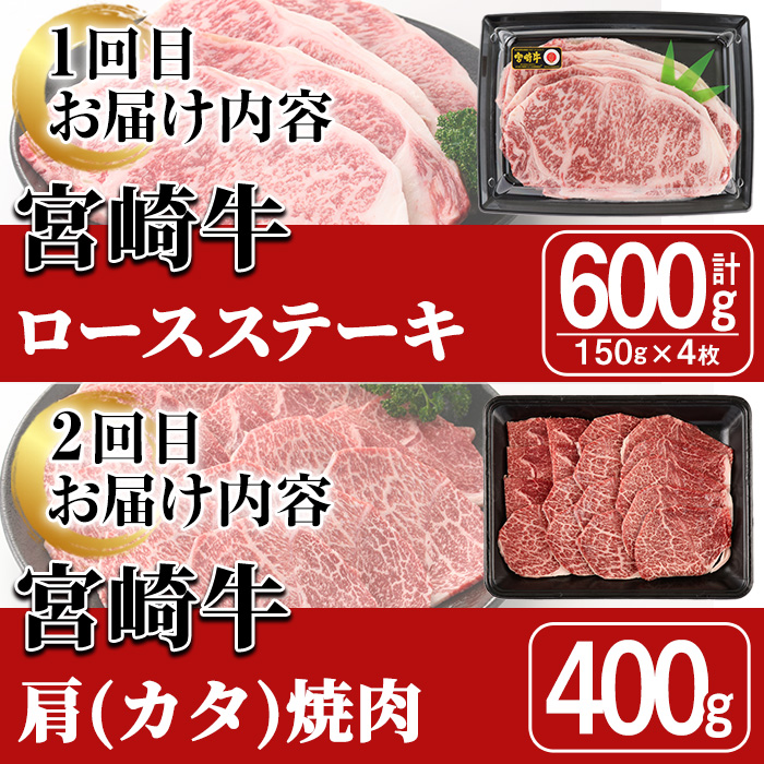 ＜全6回・定期便＞宮崎牛定期便(ロースステーキ・600g、肩焼肉・400g、ももバラすき焼き・600g、ワンポンドステーキ・454g、ロースステーキ・600g、肩ロースすき焼き・400g)A4 A5 