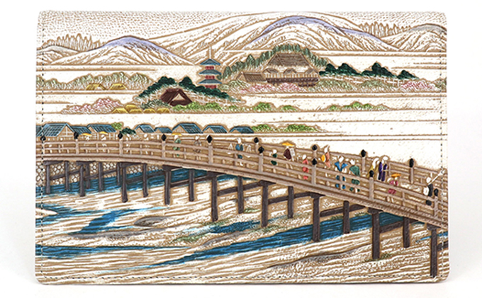 【文庫屋大関】パーソナルホルダー　浮世絵　三条大橋【皮革工芸品】 ファッション 小物 シンプル パスポートケース 病院セット 型押し 大関卯三郎 牛革 