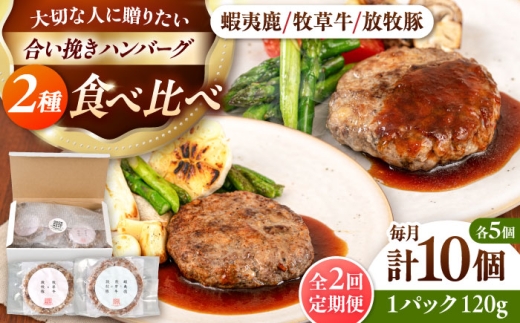 【全2回定期便】ハンバーグ 食べ比べ 10個セット（蝦夷鹿/牧草牛/放牧豚）《厚真町》【GOODGOOD株式会社】 ハンバーグ ギフト 鹿肉 牛肉 豚肉 ジビエ セット 食べ比べ 小分け 冷凍配送 贈り物 プレゼント 北海道 [AXBP046]
