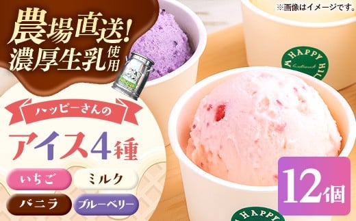
                  ハッピーさんのアイス 4種類12個入り アイスクリーム カップ スイーツ あいす セット ギフト プレゼント 贈り物 夏 ミルク バニラ ストロベリー ブルーベリー  農場直送 冷凍 岩手県 岩手町　
                