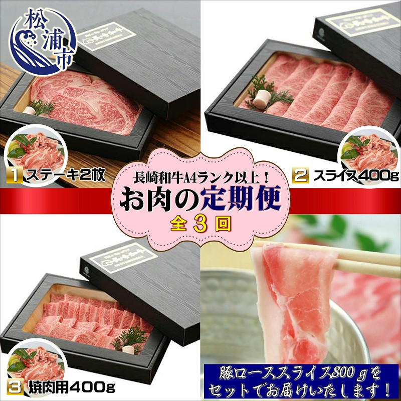 
            【全3回定期便】長崎和牛A4ランク以上 牛肉と豚ロースのセット定期便【頒布会・バラエティ】( 長崎県産 和牛 A4ランク 黒毛和牛 焼き肉 お肉 ロース 豚肉 しゃぶしゃぶ )【J4-003】
          