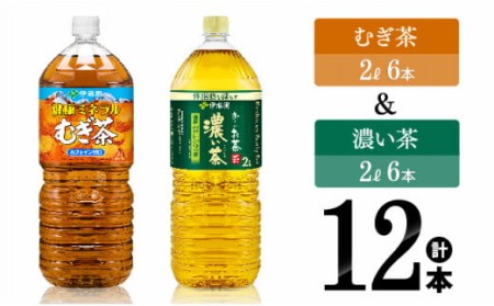 伊藤園　むぎ茶（2L）＆濃い茶（2L）(PET）12本 【伊藤園 飲料類お茶 お茶 麦茶 濃い茶 緑茶お茶 PET お茶セット 長期保存お茶 備蓄お茶 お茶詰め合わせ 飲みもの お茶】