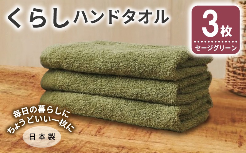 005A798 くらしハンドタオル 3枚 セージグリーン【泉州タオル たおる 国産 吸水 普段使い シンプル 日用品 家族 ファミリー】