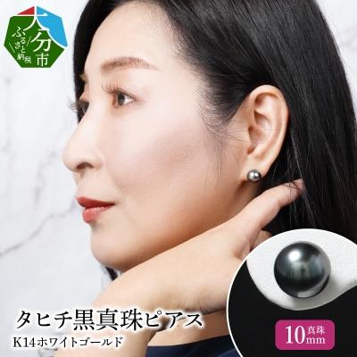 ふるさと納税 大分市 タヒチ黒真珠ピアス 真珠10mm 14Kホワイトゴールド_R14115