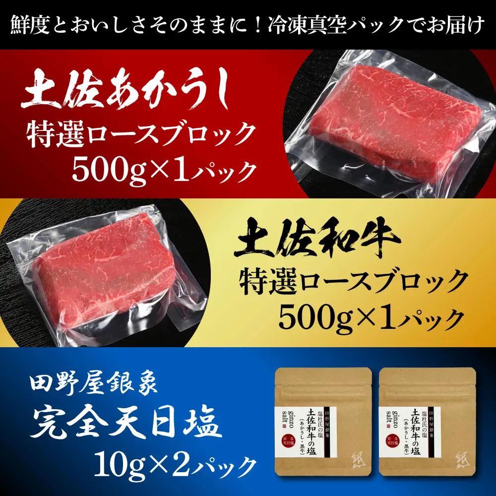 土佐あかうし ＆ 土佐和牛 2種食べ比べ 特選ロースブロック 500g×各1P（田野屋銀象完全天日塩2P付） 高知県土佐市 【株式会社LATERAL】 [BQAU082]
