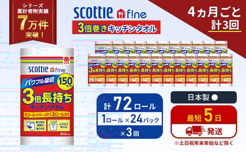 
            定期便 キッチンペーパー 1ケース キッチンタオル スコッティ ファイン 1 ロール 3倍 150カット セット《4ヶ月ごと計3回》 ペーパータオル キッチン用品 節約 日用品 日用雑貨 備蓄  備蓄用 防災 災害 3倍巻き まとめ買い 宮城県 岩沼市 [№5704-1100]
          