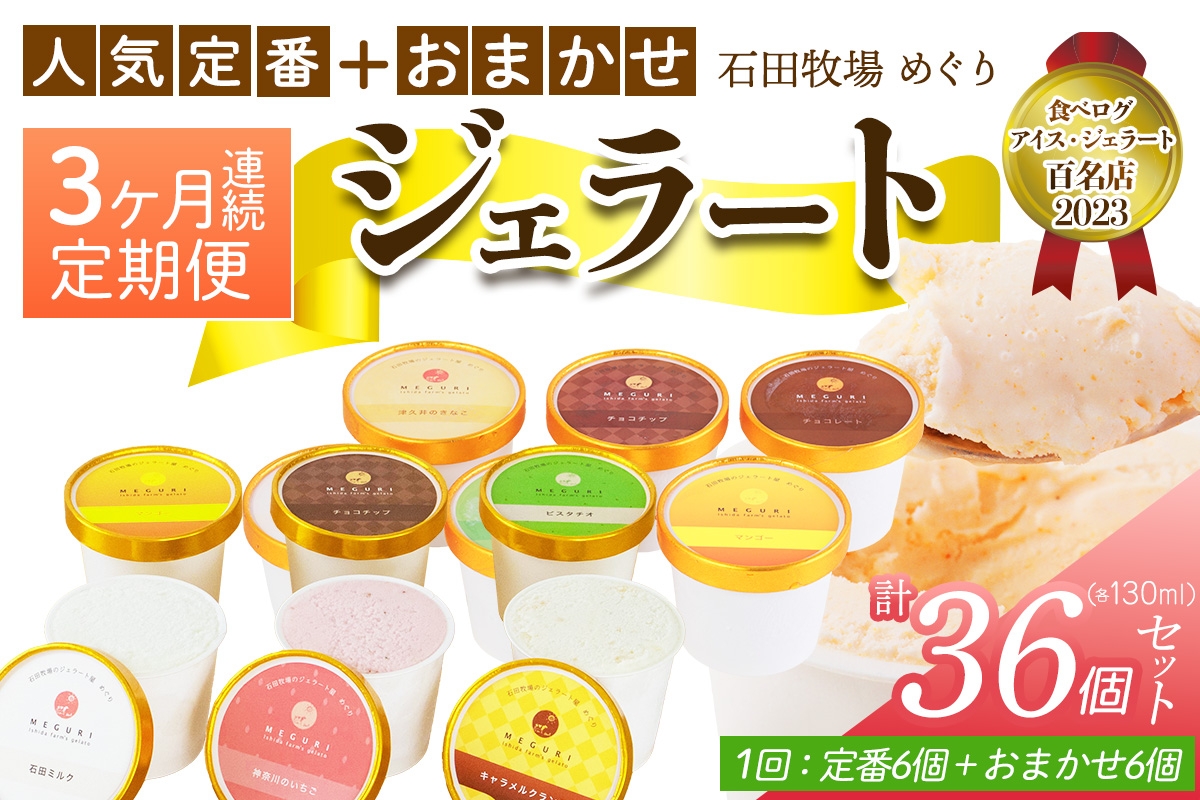 
                  [定期便／3ヶ月連続] 石田牧場のジェラート屋めぐり 人気の定番ジェラート+おまかせ ジェラートセット 計36個 (12個×3回)｜石田牧場 ジェラート 伊勢原 贅沢素材 アイス アイスクリーム スイーツ ギフト 詰め合わせ 贈り物 プレゼント 人気 お取り寄せ [1244]
                