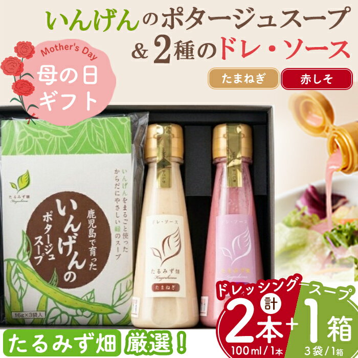 【ふるさと納税】＜母の日ギフト＞ミニドレ・ソース＜赤しそ・たまねぎ＞(2本・各100ml)＆いんげんのポタージュ(3袋/1箱)ドレッシング ソース セット いんげん 赤しそ たまねぎ 国産 鹿児島産【たるみず畑】W-0720