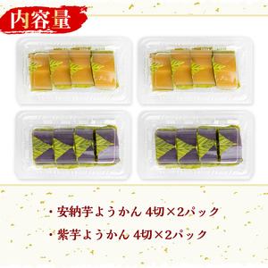 n306 鹿児島銘菓！安納芋ようかん・紫芋ようかんセット(2種・各2パック) 鹿児島 種子島 和スイーツ 和菓子 郷土 安納いも 紫いも 羊羹 常温 【山田製菓本舗】