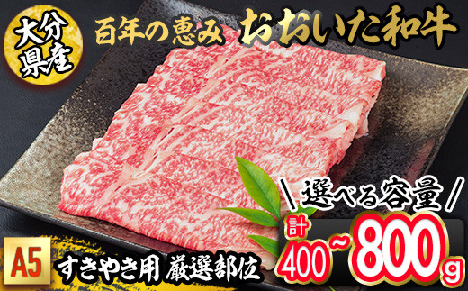 
                  ＜内容量が選べる＞百年の恵み おおいた和牛 A5 すき焼用 厳選 部位(計400g・計800g) 国産 牛肉 肉 霜降り ロース 肩ロース もも 肩 和牛 ブランド牛 すき焼き 冷凍 【FS02・FS03】【 (株)トキハインダストリー】
                