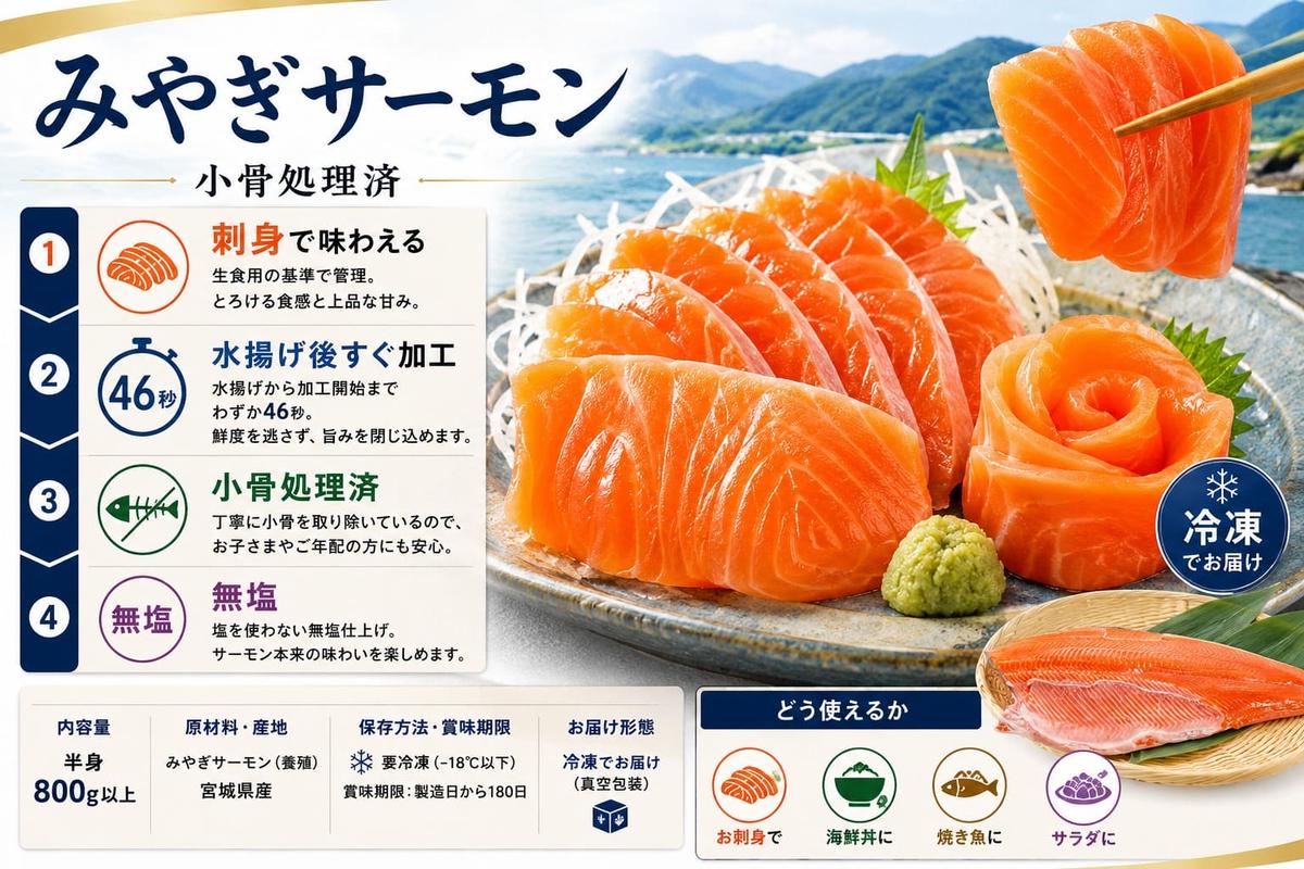 みやぎサーモン 半身 800g以上 宮城県 石巻市 鮭 サーモン 冷凍 フィレ 刺身