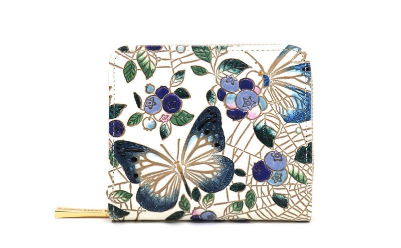 【文庫屋大関】二つ折りファスナーミニ財布 ブルーベリーは願う＜ネイビー＞【皮革工芸品】財布 二つ折り 小物 お札 カード 小銭 コンパクト 牛革 手作り 日本製 墨田区 東京都