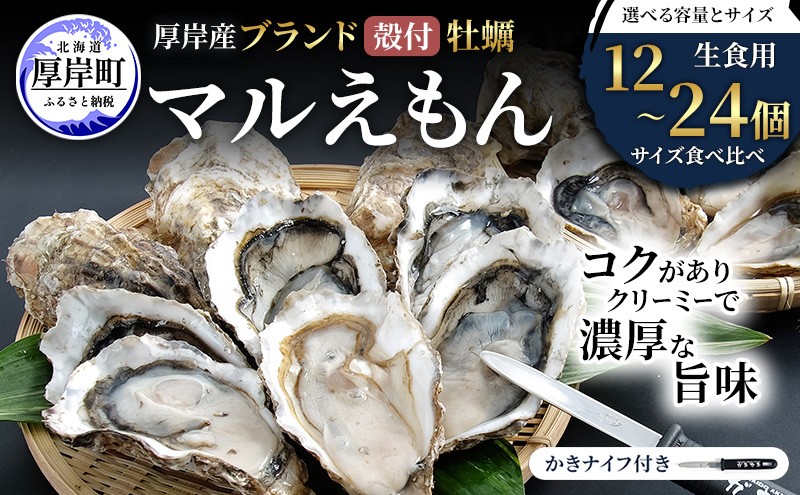 
                  厚岸産 ブランド 殻付カキ マルえもん 生食用 サイズ食べ比べ 選べる容量とサイズ 12個～24個 Ｍ～3L [ 魚貝類 生牡蠣 かき 牡蠣 カキ 生ガキ 食べ比べ ][№5863-1464-01]
                