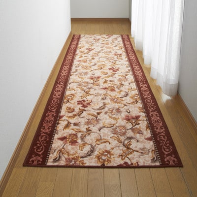 日本製 廊下カーペット 80cm×700cm 【オリエンタル更紗】 滑り止め加工 (エンジ)【1663985】
