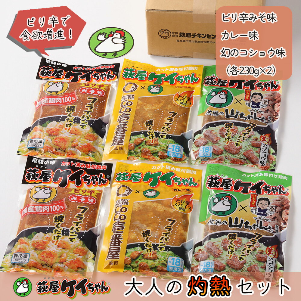 【ふるさと納税】萩屋ケイちゃん 大人の灼熱セット　ピリ辛みそ味・カレー味・幻のコショウ味（各230g×2）計6パック 冷凍配送　萩原チキンセンター 贈り物 ギフト 下呂 下呂市 下呂温泉 おすすめ アウトドア 味付け 焼くだけ 鶏肉料理 おかず 惣菜 時短 簡単料理 9000円