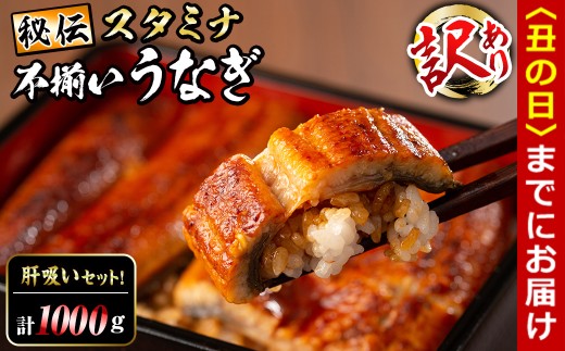 【丑の日までに配送】【訳あり】鹿児島県産！秘伝のスタミナうなぎ蒲焼き＜計1000g以上／6尾以上＞肝吸いセット！ d9-004-us