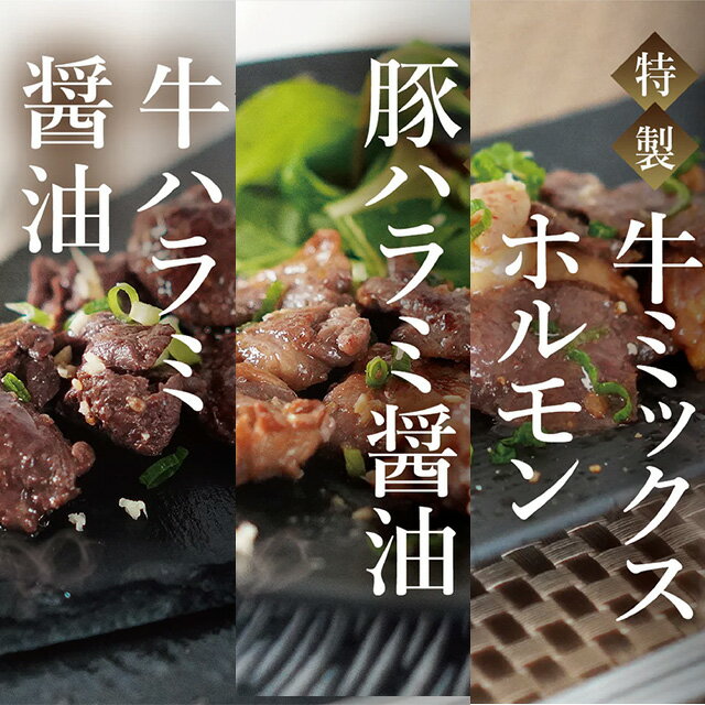 【ふるさと納税】人気3種詰め合わせ ＜選べる容量＞ ＜牛ハラミ醤油200g×1袋・豚ハラミ醤油200g×1袋・牛ミックスホルモン200g×2袋＞ ＜牛ハラミ醤油200g×2袋・豚ハラミ醤油200g×2袋・牛ミックスホルモン200g×4袋＞　