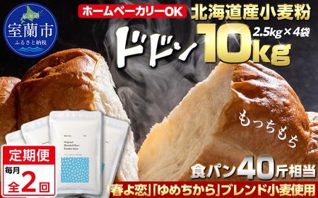 【毎月定期便】北海道産 「春よ恋」「ゆめちから」ブレンド小麦粉 パウダースノー（パン用強力粉）10kg 全2回 MROBI047