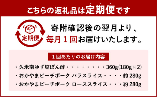【3ヶ月定期便】おかやまピーチポーク しゃぶしゃぶセット 4～6人前(ゆず塩ぽん酢付き)×3回 計12人前～18人前 計約1680g 豚肉 ポーク ロース バラ お肉 肉 しゃぶしゃぶ 鍋 セット ポ
