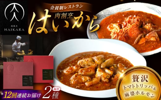 【12回定期便】【ギフト箱無しでその分お得】肉割烹はいから『牛ハチノスとギアラのトマトトリッパ』『黒毛和牛の麻婆ソースと豚ホルモン』/ レトルト セット / 恵那市 / TWO-FACE JAPAN [AUFI052]