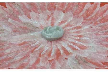 笠戸ひらめお刺身（薄造り、朱皿プラスチック）約4～5人前【引換券】 ／ ヒラメ さしみ 魚 山口県 No.184