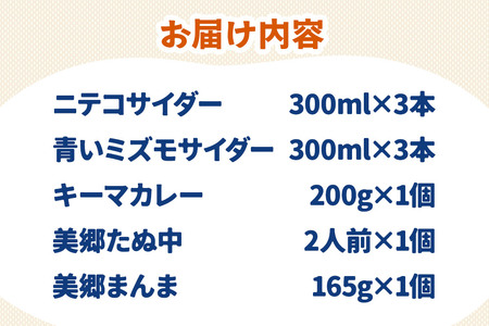 ニテコサイダー3本・青いミズモサイダー3本とたぬ中・キーマカレー・美郷まんまのセット 炭酸飲料 カレー キーマカレー レトルト 中華麺 まぜごはん