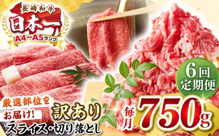 【全6回定期便】【訳あり】【A4〜A5ランク】 長崎和牛 しゃぶしゃぶ・すき焼きセット 750g《壱岐市》【株式会社MEAT PLUS】　肉 牛肉 黒毛和牛 鍋 冷凍配送 訳あり 切り落とし しゃぶしゃぶ用 すき焼用 A4 A5[JGH105]